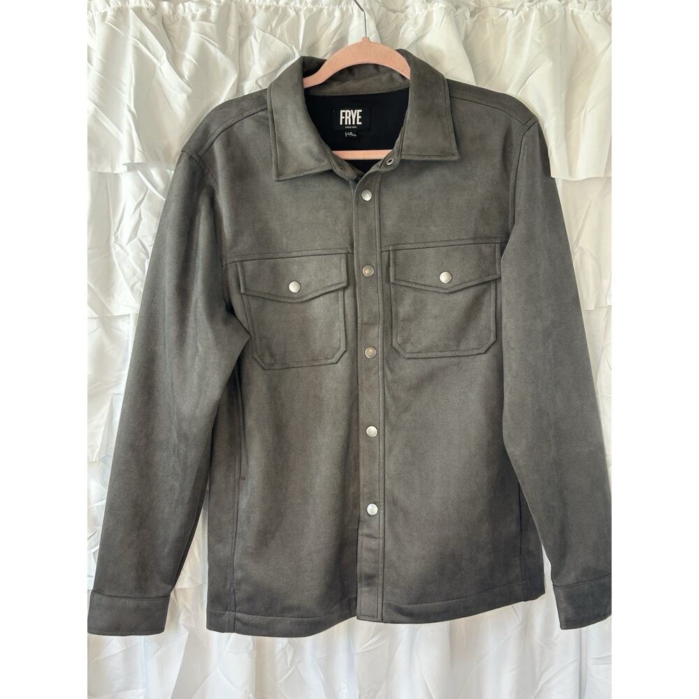 Frye Mens Charcoal gray Faux Suede Shirt Jacket Shacket Snap Front Size Small - Picture 2 of 6